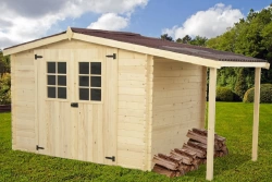 Abri Montana Double Pente avec Bûcher 8,94 m² – Épicéa Massif 28 mm – Plaques Ondulées Bitumées – Sans Plancher