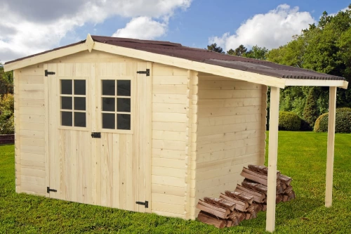Abri Montana Double Pente avec Bûcher 8,94 m² – Épicéa Massif 28 mm – Plaques Ondulées Bitumées – Sans Plancher