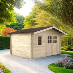 Abri Nancy Double Pente 12,66 m² – Épicéa Massif 42 mm – Plaques Ondulées Bitumées – Sans Plancher