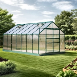 Serre de jardin en aluminium – 10,37 m² – Polycarbonate 6 mm, base acier, 4 fenêtres de toit