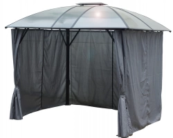 Gloriette aluminium avec rideaux - Toit 4 pentes - Gris anthracite - 10,80 m² - Toit polycarbonate anti-UV 6 mm