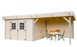 Abri avec Terrasse 17,25 m² – Épicéa Massif 28 mm – Bac Acier – Sans Plancher