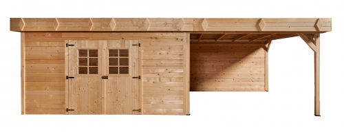 Abri Kemper avec Terrasse 29,04 m² – Épicéa Massif 28 mm – Bac Acier – Sans Plancher