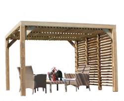 Pergola Thermauvent - Bois thermochauffé - Ventelles mobiles sur le toit et 1 paroi - Visserie inox - 3,41 x 3,13 m