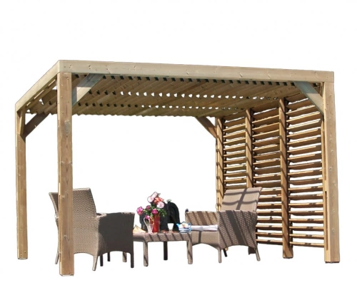 Pergola Thermauvent - Bois thermochauffé - Ventelles mobiles sur le toit et 1 paroi - Visserie inox - 3,41 x 3,13 m