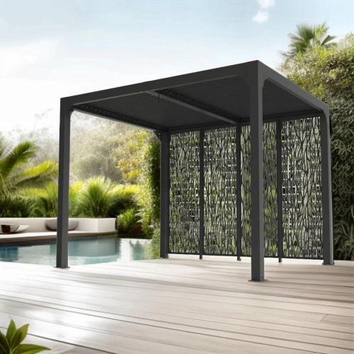 Pergola bioclimatique aluminium - gris anthracite - ventelles latérales mobiles imitation bois - 7,2 m²