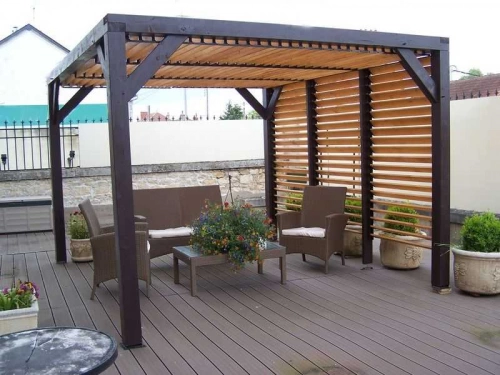 Pergola Veneto - 3,40 x 3,12 m - Sapin du Nord Contrecollé - Ventelles Mobiles sur le Toit et 1 Paroi