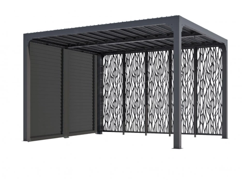 Pergola Bioclimatique Aluminium Gris Anthracite avec Panneaux Moucharabieh et Ventelles Latérales Mobiles – 10,80 m² – Lames Orientables Manuelles