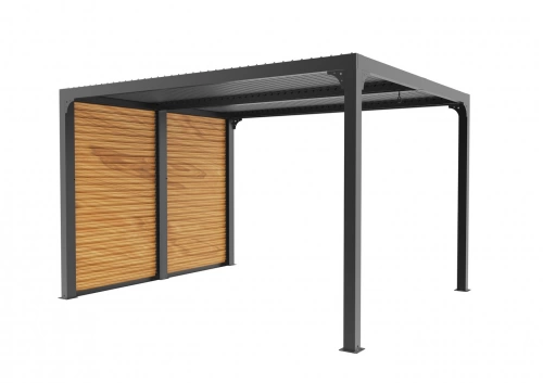 Pergola Bioclimatique Aluminium Gris Anthracite avec Ventelles Latérales Imitation Bois – 10,80 m² – Lames Orientables Manuelles