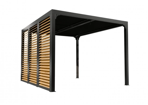 Pergola Bioclimatique Aluminium Gris Anthracite avec Panneaux Moucharabieh et Ventelles Latérales Mobiles – 10,80 m² – Lames Orientables Manuelles