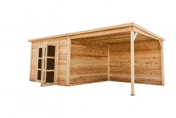 Abri 19,93 m² - Madriers bois massif 28 mm - toit mono pente avec bûcher