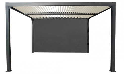 Pergola bioclimatique autoportante - Aluminium thermolaqué - Lames orientables - Rideau latéral - Coloris écru - 10,80 m²