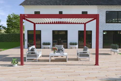 Pergola bioclimatique autoportante rouge/blanc - 300 x 400 x H. 258 cm