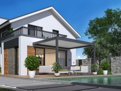 Pergola bioclimatique adossée Zéphir motorisée aluminium/lames - grey - 3 x 4 m