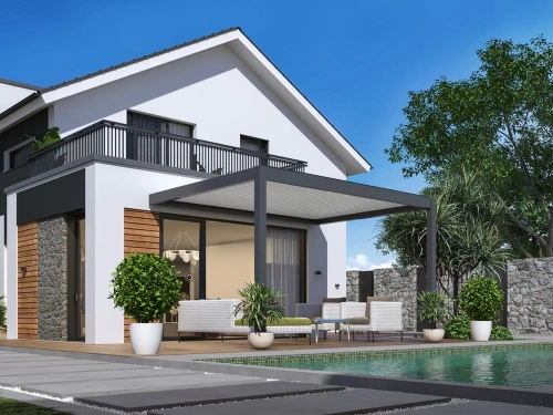 Pergola bioclimatique adossée Zéphir motorisée aluminium/lames - grey - 3 x 4 m